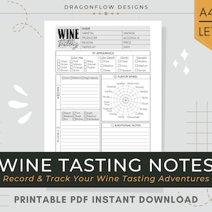 Wine Tasting Notes Journal PDF Afdrukbaar Download | Sjabloonblad om wijnrecensie op te nemen & Beoordeling: uiterlijk, aroma, smaak, gehemelte, afwerking