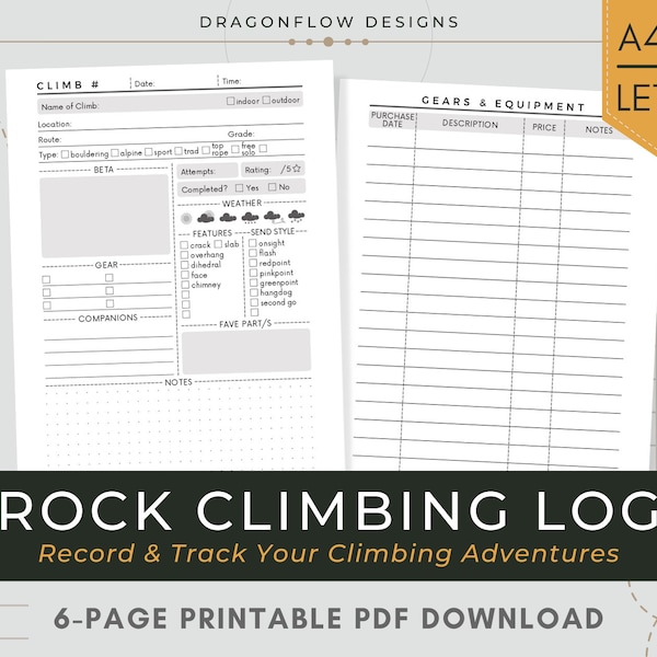 Rock Climbing Logbook PDF Printable Download | Journal Tracker Template for Climbers & Boulderers to Record Climb Details, Conditions, Notes
