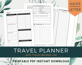 May include: Printable travel planner with a checklist for packing, a trip itinerary, and a bucket list for sites to visit, food places to try, and events to see or do. The planner is available in A4, A5, and Letter sizes.