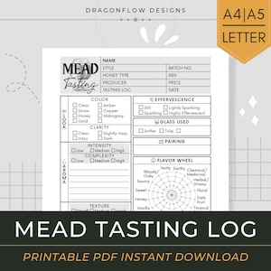ミード テイスティング ジャーナルの印刷可能なダウンロード | 蜂蜜ワイン レビュー ログ PDF テンプレート | ボトル情報、外観、風味のメモ、評価を記録