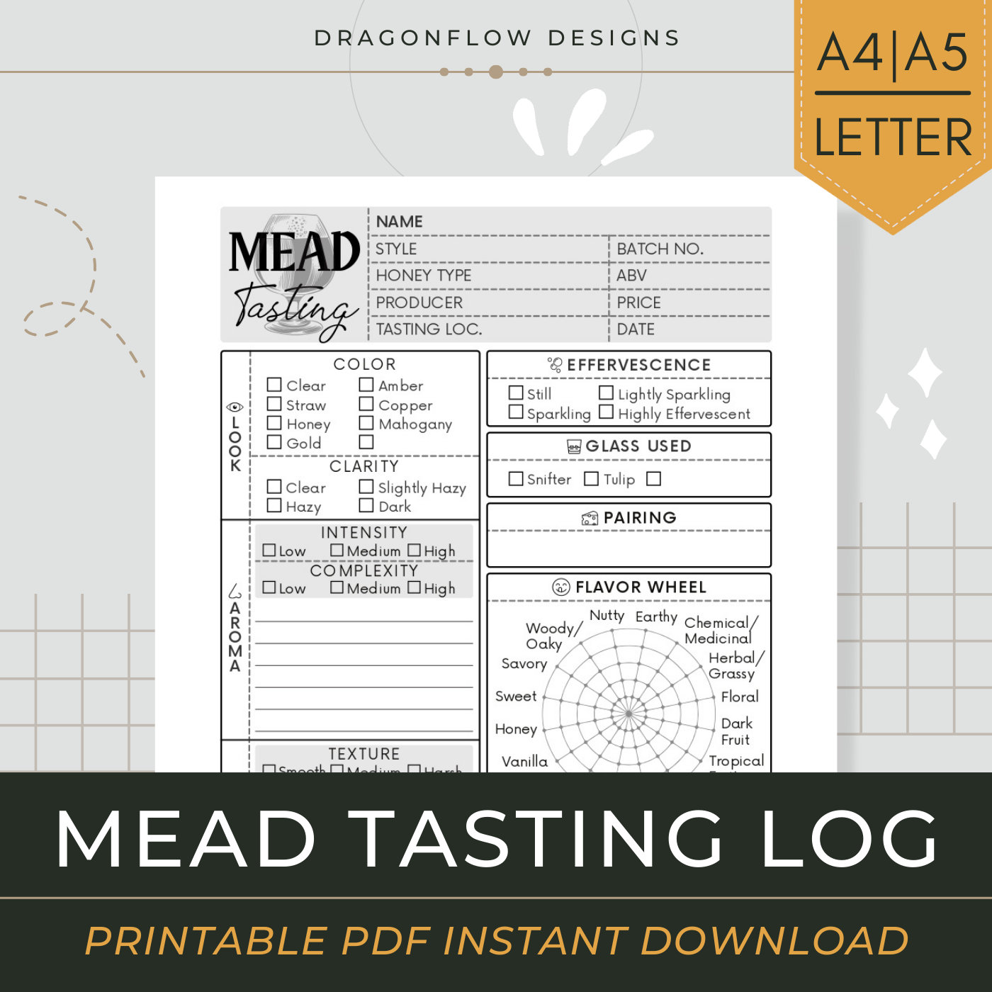 Mead Tasting Journal Printable Download Honey Wine Review Log PDF Template Record Bottle Information, Appearance, Flavor Notes & Ratings