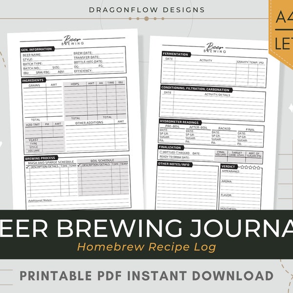 Beer Brewing Journal PDF Download | Homebrewing Log | Custom Beer Recipe Template Printable for Homebrewers & Craft Beer Makers