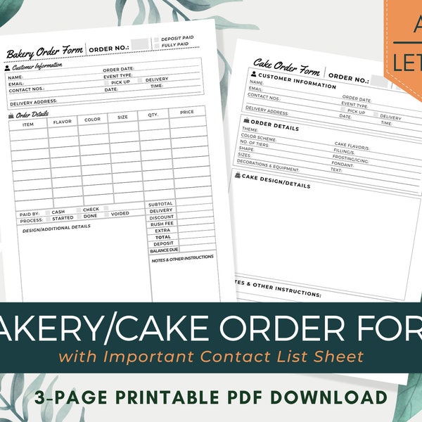 Cake Order Form and Bakery Invoice Form PDF Printable | Custom Cake and Pastry Order Template Digital File Download for Baking Businesses