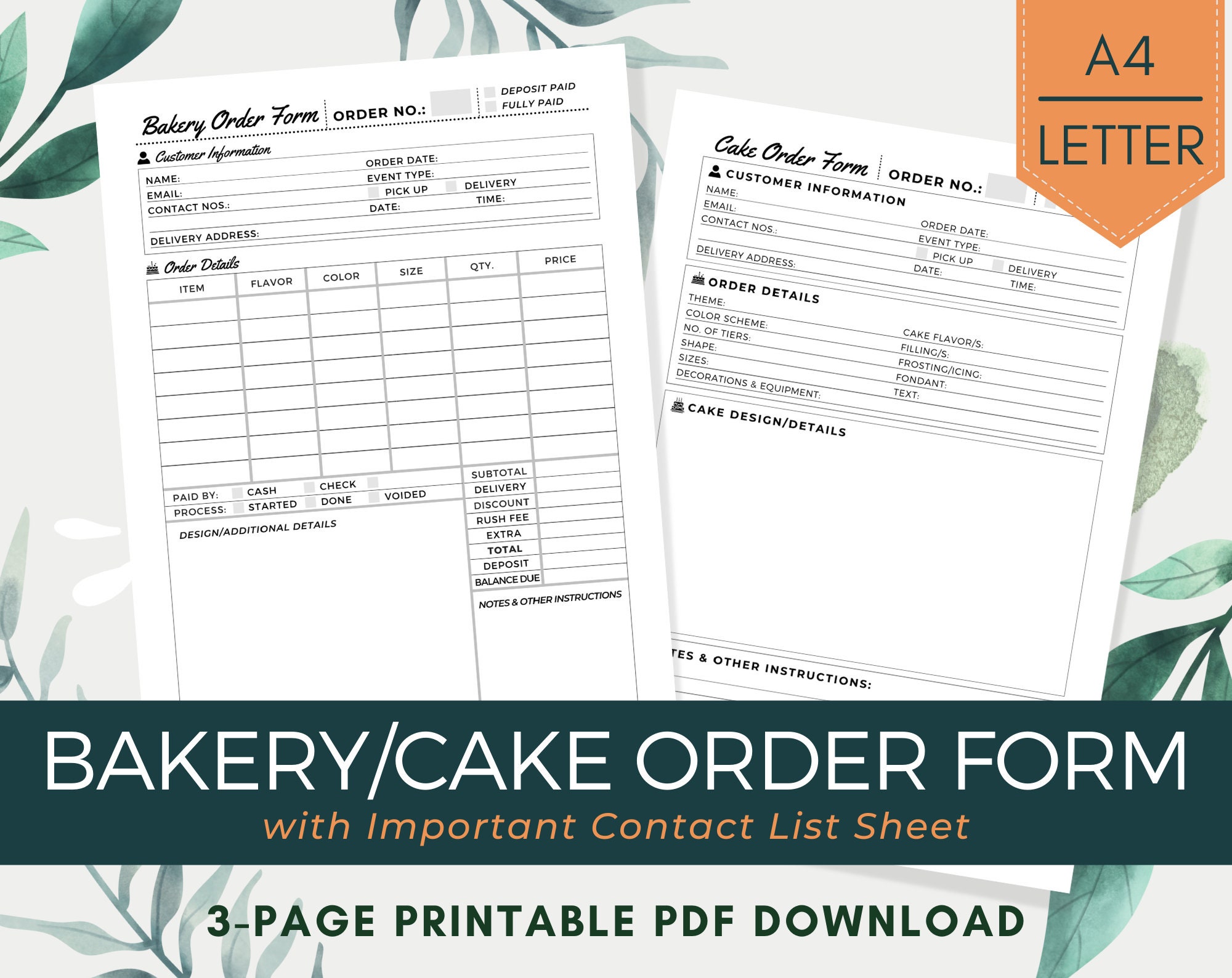 cake order form und bäckerei rechnung pdf druckbare | personalisierte  kuchen und gebäck order vorlage digitale datei download für backbetriebe