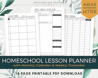 Homeschool Lesson Planner PDF Printable | Curriculum Map Organizer | Academic Monthly Calendar & Weekly Schedule | Assignment, Grade Tracker