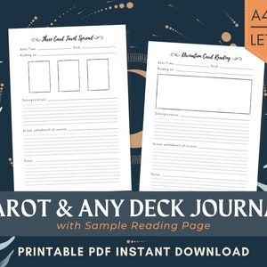 Op de afbeelding: Twee afdrukbare PDF-journaalpagina's voor tarotkaarten. Eén pagina is voor een driekaartssessie en de andere voor waarzeggerij. De pagina's bevatten ruimte voor datum, kaartspel, interpretatie en notities. De tekst "TAROT & ANY DECK JOURNAL" wordt weergegeven.