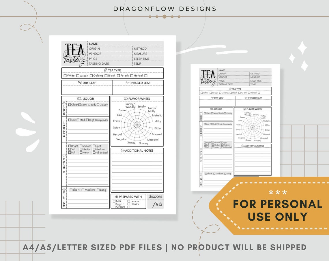 Tea Tasting Notes Journal PDF Printable Download Template Sheet to