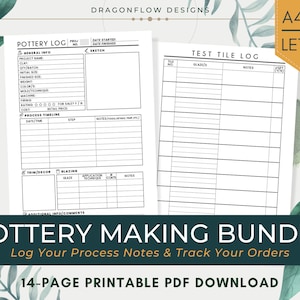 May include: A printable pottery making bundle with a Pottery Log and Test Tile Log. The Pottery Log includes sections for project details, process timeline, and glazing information. The Test Tile Log provides space to record glaze tests. The bundle is labeled as a 14-page PDF download.