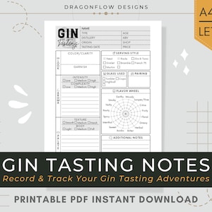 Gin Tasting Journal Printable Download | Gin Review Log PDF Sjabloon | Record Fles Informatie, Uiterlijk, Neus, Smaak Notities &Ratings