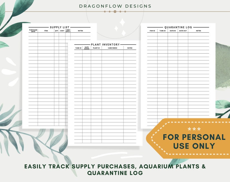 Aquarium Care & Maintenance Logbook PDF Printable Download | Track ...