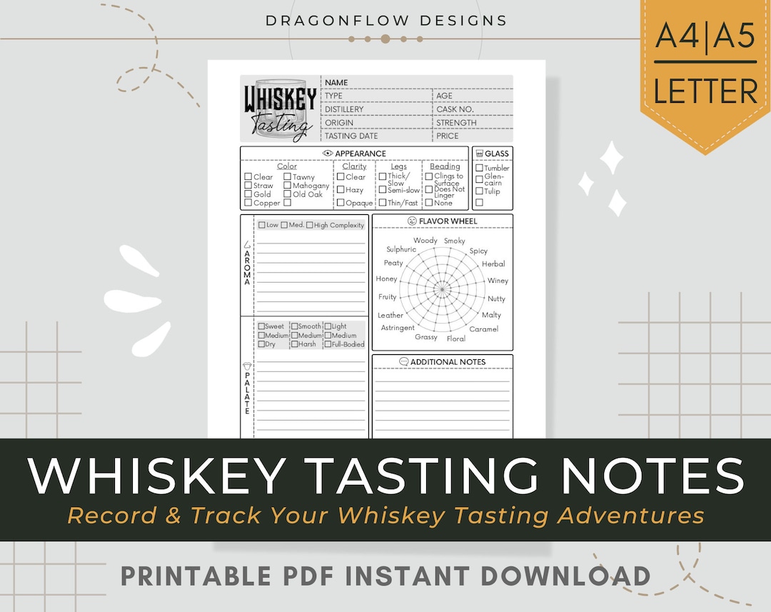 Whiskey Tasting Notes Journal PDF Printable Template Sheet to Write in