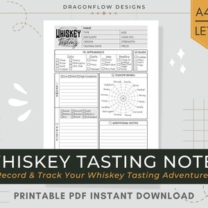 ウイスキーのテイスティングノートジャーナル PDF 印刷可能 | ウイスキーのレビューと評価を記入するためのテンプレートシート: 外観、香り、風味、味覚、後味
