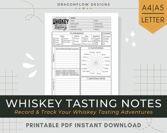 Whiskey Tasting Notes Journal PDF Printable | Template Sheet to Write in Whiskey Review & Rating: Appearance, Aroma, Flavor, Palate, Finish