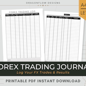 Puede incluir: Un diario de trading de Forex imprimible en blanco y negro con el título "Forex Trading Journal" y el texto "Log Your FX Trades & Results". El diario tiene dos páginas, una para registrar las operaciones y la otra para realizar un seguimiento de los resultados. El diario está disponible en tamaños A4, A5 y Letter.