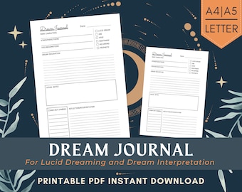 Dream Journal PDF Printable | Dream Tracker Diary Digital File Download for Lucid Dreaming and Dream Interpretation