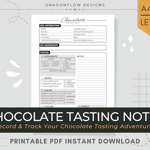 Diário de notas de degustação de chocolate PDF para impressão | Folha de modelo para registrar detalhes, aparência, aroma, sabor, textura, revisão e classificação do chocolate
