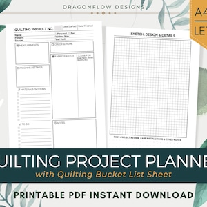 May include: Printable quilting project planner with a gridded page for sketching designs and a checklist for planning and tracking quilting projects. The planner includes sections for measurements, machine settings, materials, to-do list, and notes. The text on the planner says "Quilting Project Planner with Quilting Bucket List Sheet, Printable PDF Instant Download".