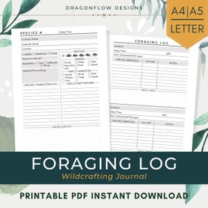 Op de afbeelding: Printbaar foraging log-journaal met een zwart-wit ontwerp. Het journaal heeft secties voor het registreren van soorten, locatie, datum, tijd, weer, terrein, hoe de plek werd ontdekt, de geoogste hoeveelheid, notities en aanvullende informatie. Het journaal is getiteld "Foraging Log" en "Wildcrafting Journal".