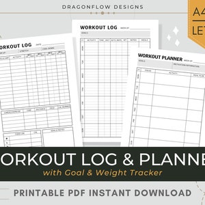 May include: Printable workout log and planner with goal and weight tracker. The log includes sections for warm-up, muscle group, cardio exercise, food log, and goals/notes. The planner includes sections for focus, activity, motivation/affirmation, and meal plan.