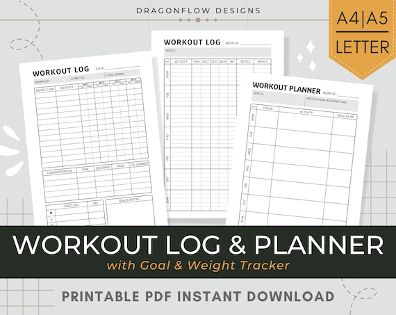 Workout Log Printable Exercise Activity Sheet Daily / Weekly