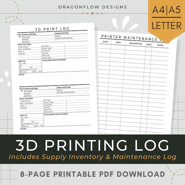 3D Printing Log Printable Download, Record Project Details, Print Settings & Results | Three-dimensional Creation Journal Tracker for Makers