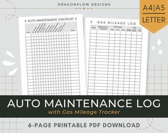Vehicle Maintenance Log Printable Download | Auto Maintenance Checklist Template | Gas Mileage Tracker, Car Repair, Travel, Fuel Cost Log