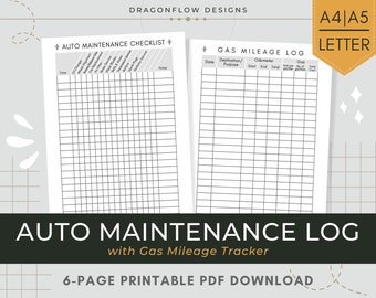 Fahrzeug Wartung Log Druckbare Download | Auto Maintenance Checkliste Vorlage | Gas-Kilometer-Tracker, Auto-Reparatur, Reise, Tankkosten-Log