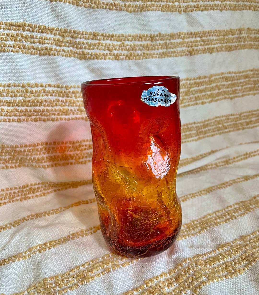Blenko Tall Tangerine Pinched Crackle Glass Tumbler Handblown Amberina