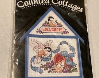 NEW Vintage 1984 Bucilla Counted Cross Stitch Cottage Kit 'Welcome' - Birds, Bird House - 4'' x 6''