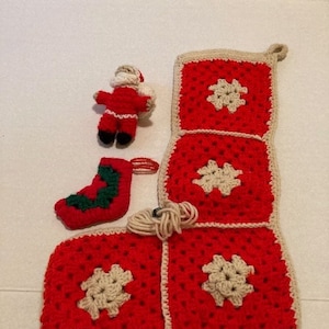 Vintage Christmas Handmade Crochet Granny Square Stocking & 2 Ornaments