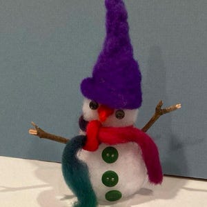 Handmade Needle Felted Rustic Snowman Figurine with Hat and Scarf, Felted Christmas Winter Decor, Winter Decoration