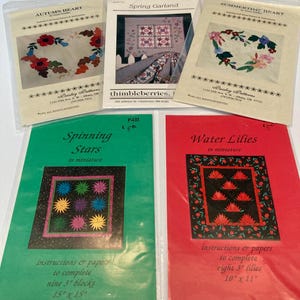 Könnte beinhalten: Fünf Quilt-Musterpakete, darunter Autumn Heart, Spring Garland, Summertime Heart, Spinning Stars für neun 3-Zoll-Blöcke mit 15 mal 15 Zoll und Water Lilies für acht 3-Zoll-Lilien mit 10 mal 11 Zoll.