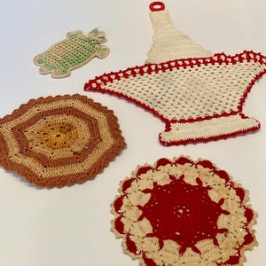 Vintage gehäkelte Hot Pads Küche Topflappen Rot, Weiß Grün gehäkelte Hotpads Schildkröte Kreis Seifenhalter LOT