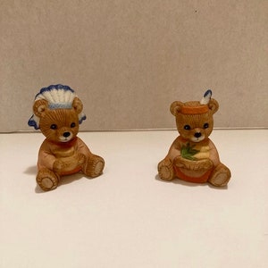 Vintage Homco Ceramic Thanksgiving Harvest Bear Figurines 2” Lot of 2