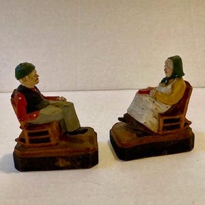 Vintage Wooden Hard Carved Figurines Folk Art Old Man Old Woman Lot of 2, Hand Carved Sitting Man Woman Sculptures, Made in Canada