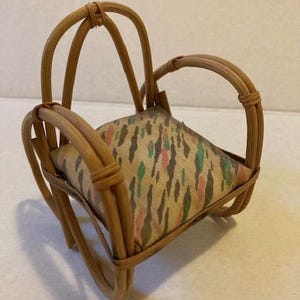 Vintage Bent Reed Wooden Dollhouse Chair Furniture Fabric Padded, Miniature Dollhouse Chair 3” x 3.5”