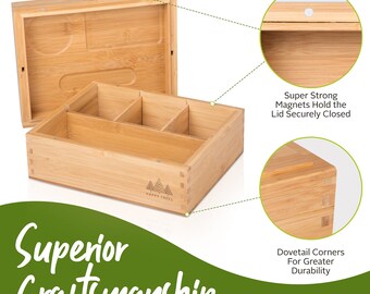 Rolling Tray Stash Box - Large Bamboo Storage Box with Reversible Lid Rolling Tray