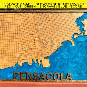 Pensacola, Florida Kaart SVG | Illustrator Made | Glowforge Ready | Gelaagde houten | Digitaal | ALLEEN persoonlijk gebruik
