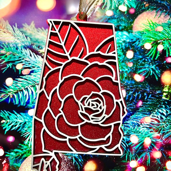 Alabama Camellia Christmas Ornament | State Flower| Wood and Shimmer Vinyl | Roll Tide | Crimson State | Football