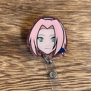 Pink hair animated Badge reel,acrylic badge reel,anime sakura character,anime girl badge.