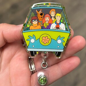 Mystery van Badge reel,acrylic badge reel,glittered badge,cartoon badge.