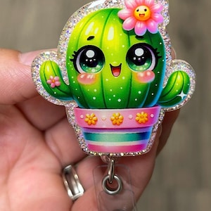 Cactus in pot badge,Badge reel,cactus floral badge reel.