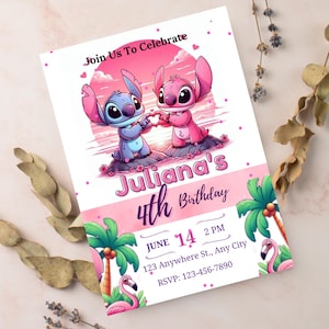 Kids Birthday invitation template, Editable Stitch Birthday Invitation, Stitch and Angel Birthday Invitation,  Stitch Birthday Invitation