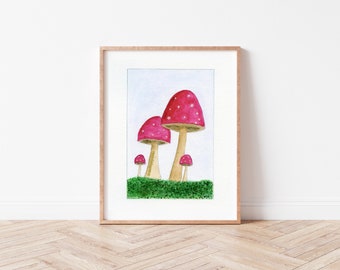 Red Mushroom Patch Watercolor Painting - Digital Download - Downloadable Print - Fly Agaric Mushroom