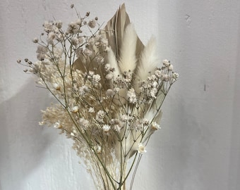 Dried Flower Arrangement of Baby's Breath, Bunny Tail, Palm Fan, Star Flower, Million Star, Twine Floral Bundle
