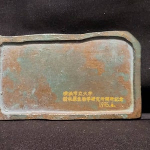 Op de afbeelding: Een rechthoekige bronzen plaquette met een groene patina. De plaquette heeft een gouden opschrift met de tekst "National Taiwan University, Institute of History, Department of History, 1995.6."
