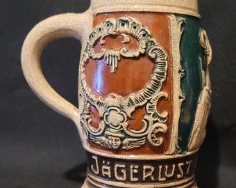 Vintage German Hunting Beer Stein "Jagerlust Hebt Die Brust", 5" Relief Germany marked