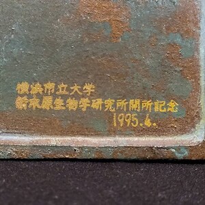 Op de afbeelding: Een close-up van een bronzen plaquette met gouden letters. De tekst luidt "Okayama Prefectural University, Forest Products Science Department, Institute Foundation, 1995.6."