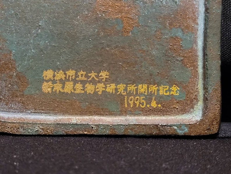Op de afbeelding: Een close-up van een bronzen plaquette met gouden letters. De tekst luidt "Okayama Prefectural University, Forest Products Science Department, Institute Foundation, 1995.6."