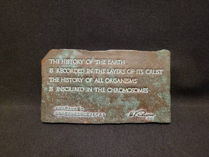 Op de afbeelding: Een rustieke, rechthoekige plaquette met een citaat over de geschiedenis van de aarde en organismen erop gegraveerd. Het citaat luidt: "De geschiedenis van de aarde is vastgelegd in de lagen van zijn korst. De geschiedenis van alle organismen is vastgelegd in de chromosomen." De plaquette is gesigneerd met "W. P.  1945".